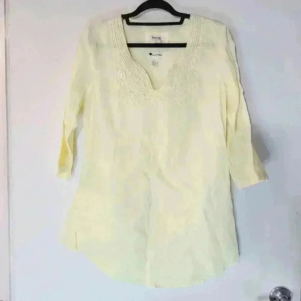 Malvin Linen Pale Yellow Tunic Top Embroidery 3/4 Sleeve Size L/ US 10